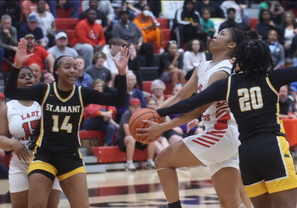 Parkway's Chloe Larry shoots vs. St. Amant Thursday evening, Feb. 22, 2024, at Parkway High School.