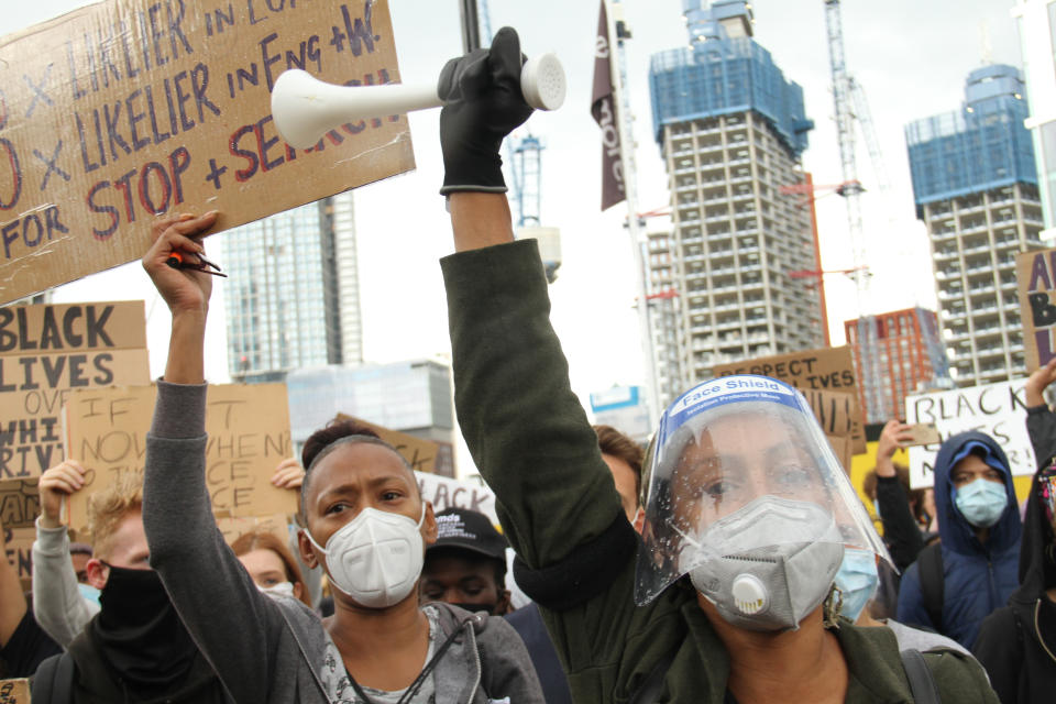 LONDON, UNITED KINGDOM - 2020/06/07: Protesters wearing face masks as a precaution against covid 19 during the demonstration.
The death of George Floyd, while in the custody of Minneapolis police has sparked protests across the United States, as well as demonstrations of solidarity around the world. (Photo by David Mbiyu/SOPA Images/LightRocket via Getty Images)