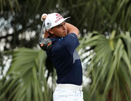 Feb 25, 2017; Palm Beach Gardens, FL, USA; Rickie Fowler tees off on the third hole during the third round of The Honda Classic at PGA National (Champion). Mandatory Credit: Jason Getz-USA TODAY Sports