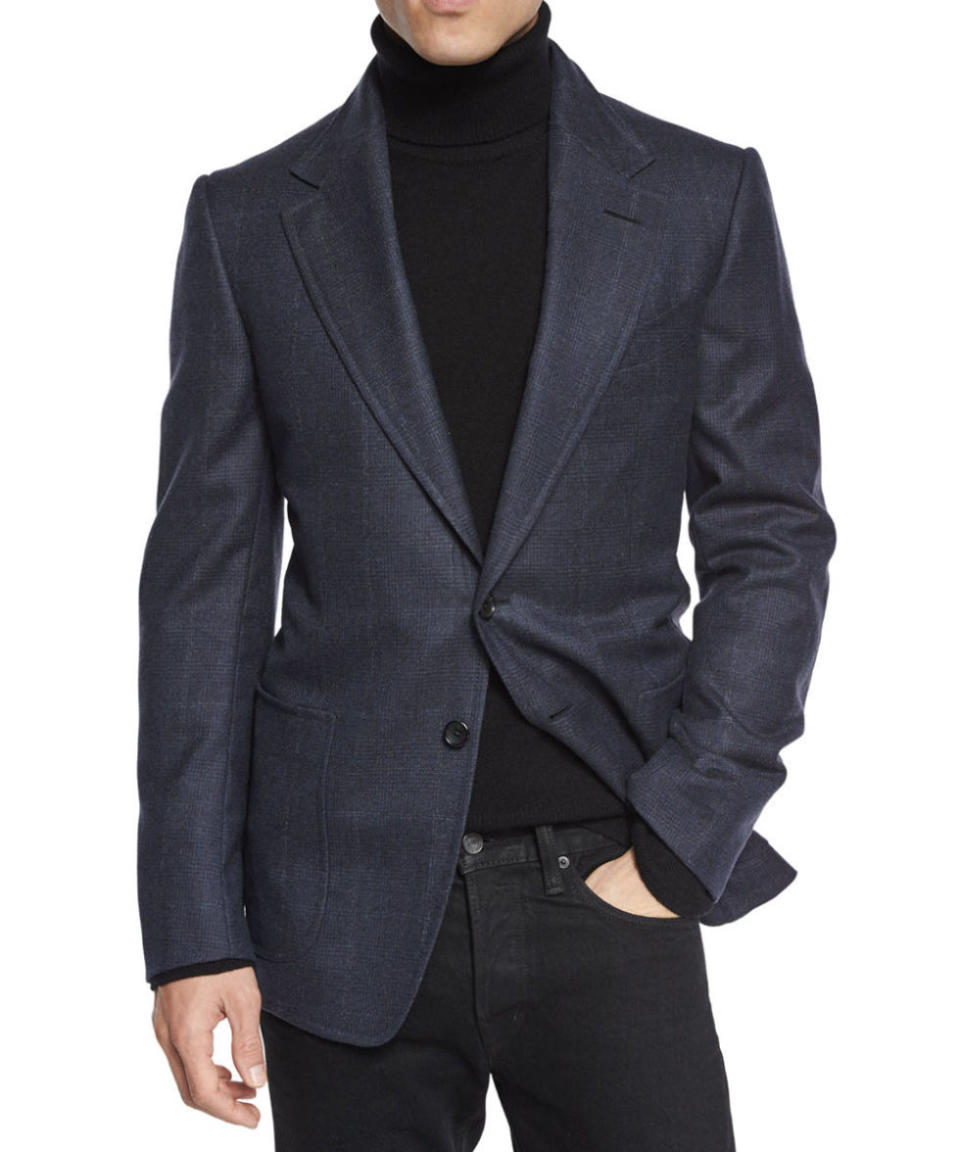 10) TOM FORD: NAVY WINDOWPANE-PLAID CARDIGAN JACKET