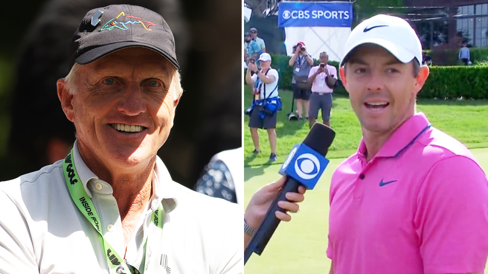 Rory McIlroy (pictured right) during an interview and (pictured left) Greg Norman at the LIV Golf tournament.