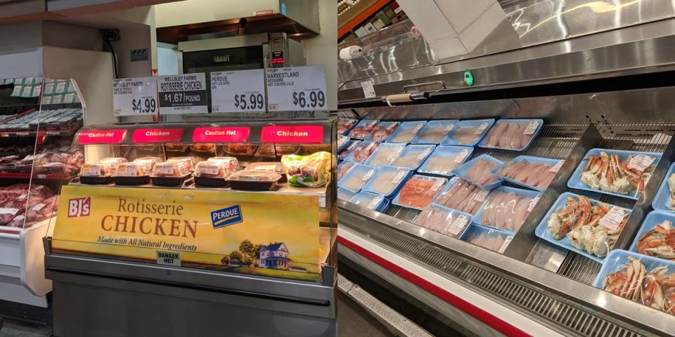 Rotisserie chicken in yellow case at BJ's and assorted fish and crab legs in packaging at Costco