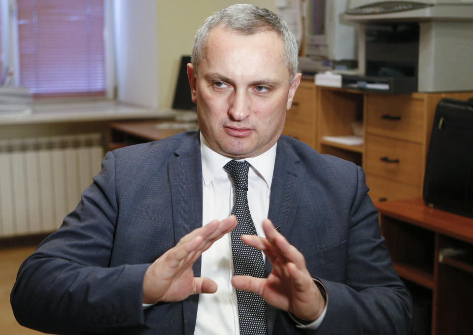 FILE - Serhii Demediuk, the head of Ukraine's national CyberPolice unit, talks during an interview with The Associated Press in Kiev, Ukraine, Feb. 12, 2019. To Demediuk, the No. 2 official on Ukraine’s National Security and Defense Council, a cyberattack last month that damaged servers at the State Emergency Service and Motor Transport Insurance Bureau with a malicious “wiper” cloaked as ransomware was “part of a full-scale Russian operation directed at destabilizing the situation in Ukraine, aimed at exploding our Euro-Atlantic integration and seizing power.” (AP Photo/Efrem Lukatsky, File)
