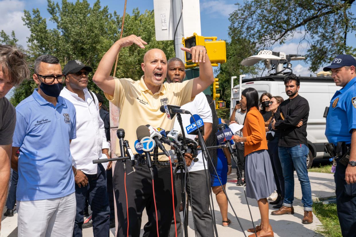 COBA President Benny Boscio speaks to reporters outside the Rikers Island entrance in Queens, New York. 