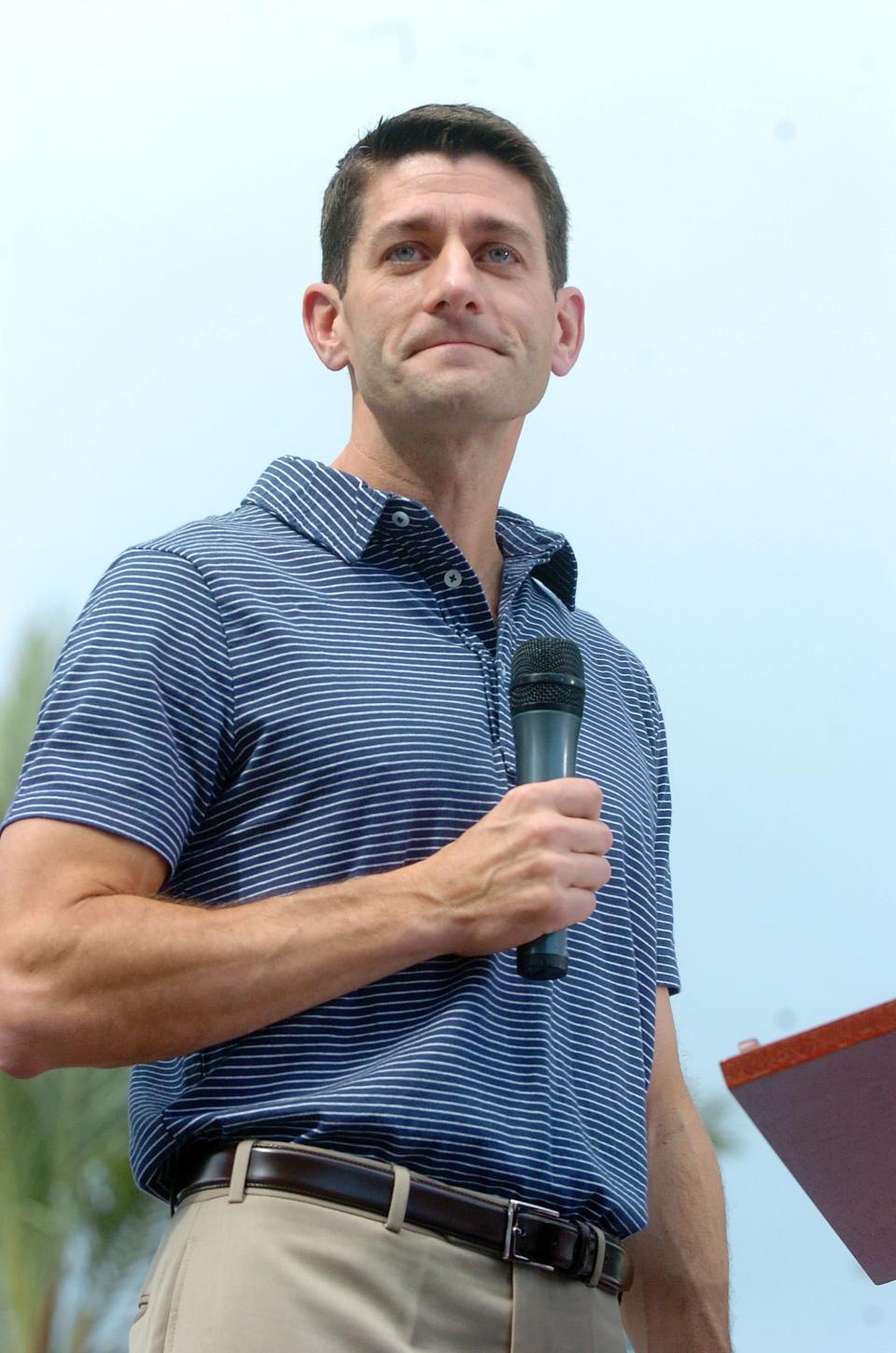 Republican Vice Presidential candidate, U.S. Rep. Paul Ryan (R-WI) speaks during the Victory Rally in Florida at Town Square, Lake Sumter Landing on August 18, 2012 in The Villages, Florida. Ryan spoke about his family's reliance on Medicare. (Photo by Gerardo Mora/Getty Images)