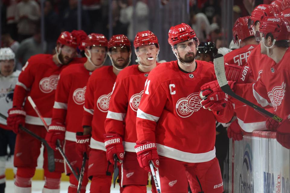 Red Wings forward Dylan Larkin celebrates his goal in the third period of the Wings' 8-3 win over the Capitals on Tuesday, Feb. 27, 2024, at Little Caesars Arena.