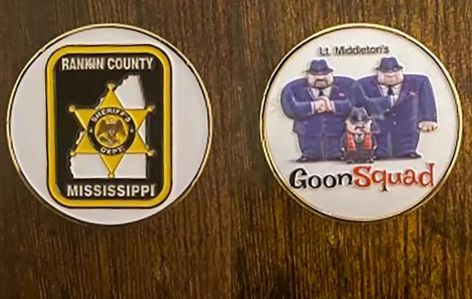 On the left, a commemorative coin that Goon Squad members carried. On the right, the side of the challenge coin that some Goon Squad members were given to note their association with the group.