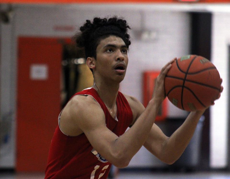 North Florida Educational Institute guard Juan Areche lines up a shot during high school boys basketball practice on February 27, 2023. [Clayton Freeman/Florida Times-Union]