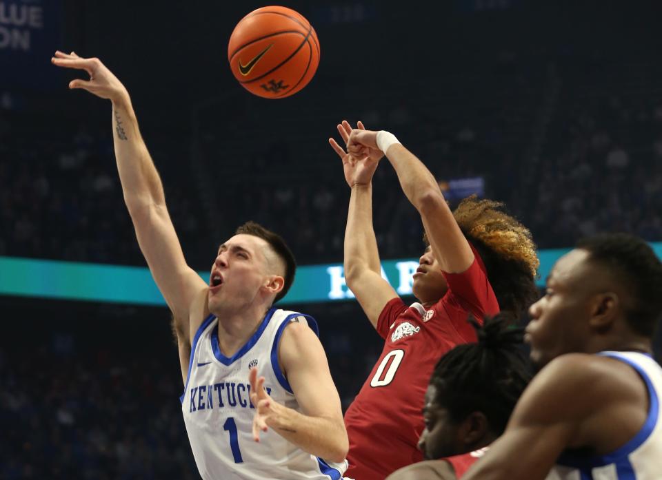 Kentucky’s CJ Fredrick is fouled by Arkansas’ Anthony BlackFeb. 7, 2023