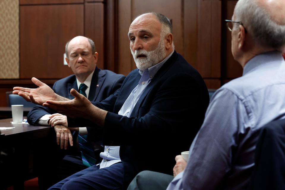 Celebrity chef Jose Andres (C) joins Sen. Chris Coons (D-DE) (L) and Sen. Peter Welch (D-VT) for an interview following a meeting about getting humanitarian aid to Gaza at the U.S. Capitol on March 14, 2024 in Washington, DC.