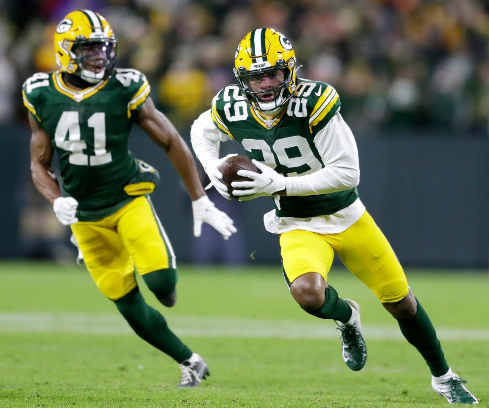 Green Bay Packers cornerback Rasul Douglas (29) intercepts a pass in the second half against the Los Angeles Rams during their football game on Sunday Nov. 28, 2021, at Lambeau Field in Green Bay, Wis. 
Wm. Glasheen USA TODAY NETWORK-Wisconsin