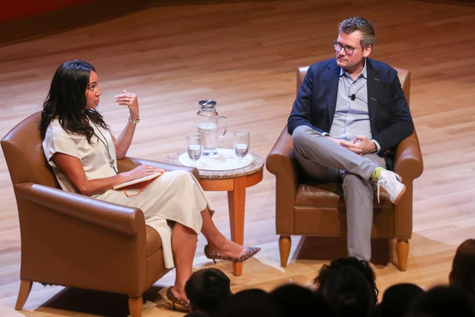 Indiana State Senator Andrea Hunley (left) and author John Green discuss freedom to read as the Indianapolis Public Library kicks off national Banned Books Week with a discussion with bestselling author and Indianapolis resident John Green, Oct 2, 2023; Indianapolis Central Branch Public Library, Indianapolis, IN, USA