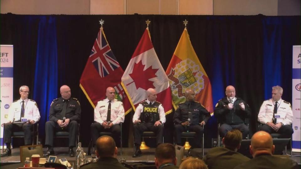 Police chiefs from the GTHA on a panel at the Ontario auto-theft summit. In a joint conference, police said government, law enforcement and the auto industry must collaborate to address the auto-theft crisis.
