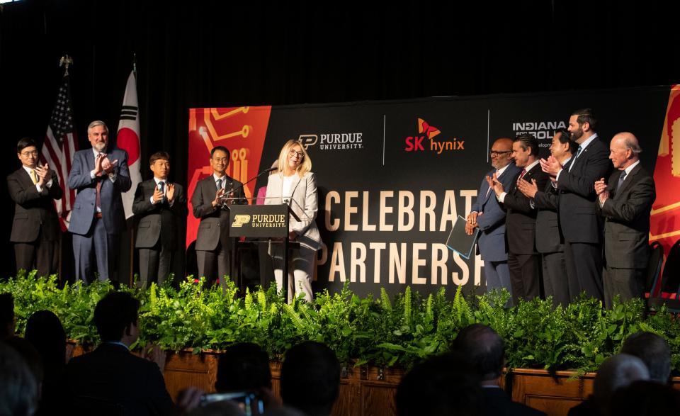 West Lafayette Mayor Erin Easter speaks during the announcement of the partnership between Purdue University and SK hynix, Wednesday, April 3, 2024, at Purdue Memorial Union in West Lafayette, Ind.