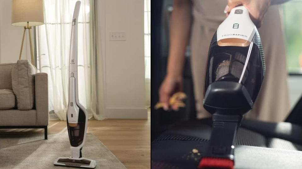The white Electrolux stick vacuum upright in a living room / someone using the handheld vacuum to clean crumbs in a car