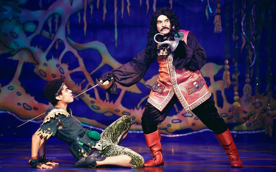 David Suchet as Captain Hook and Hugo Rolland as Peter Pan