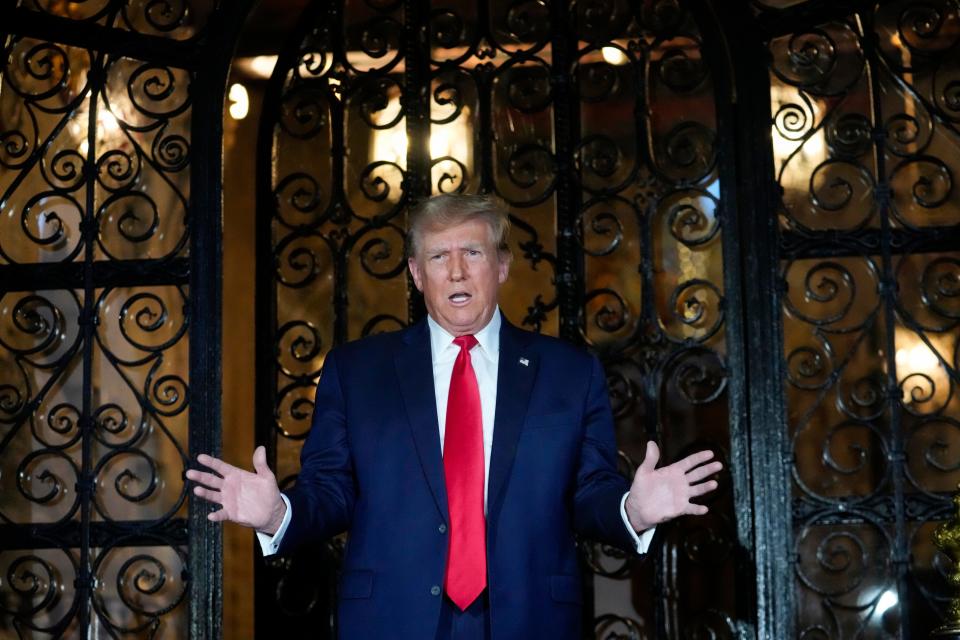 Republican presidential candidate former President Donald Trump speaks at his Mar-a-Lago estate, Friday, Feb. 16, 2024, in Palm Beach, Fla. (AP Photo/Rebecca Blackwell) ORG XMIT: FLRB325