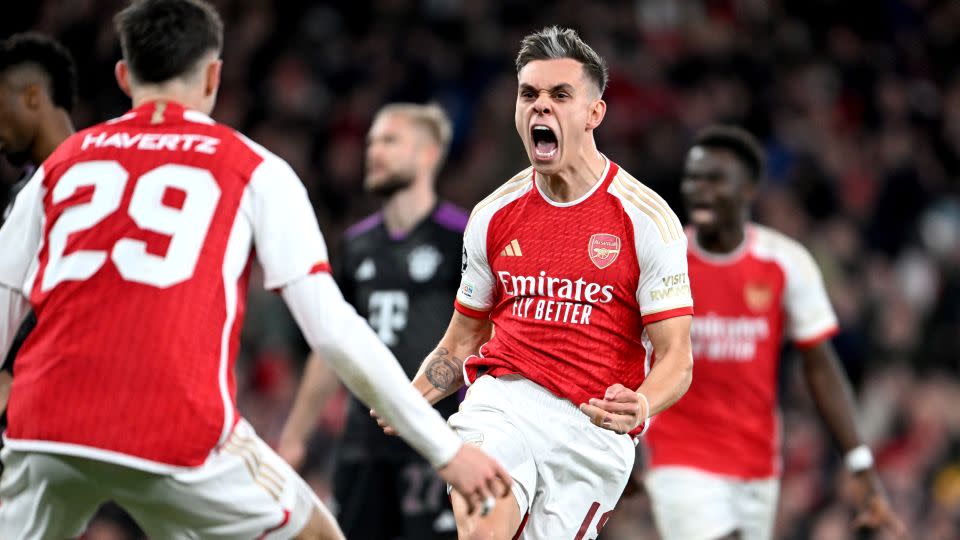 Leandro Trossard celebrates after scoring the equalizer against Bayern Munich. - Stuart MacFarlane/Arsenal FC/Getty Images