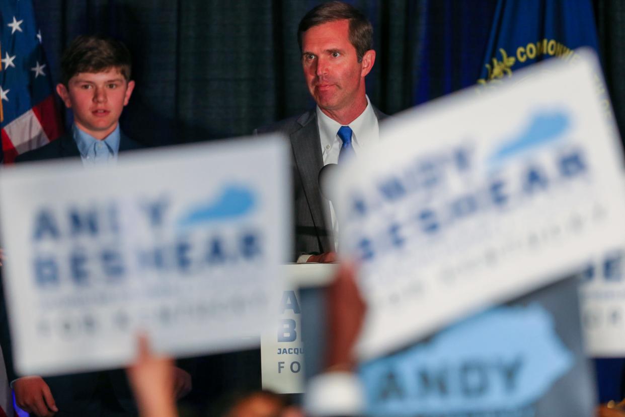 Gov. Andy Beshear takes the stage in Frankfort to accept the Democrat party's nomination again. May 16, 2023