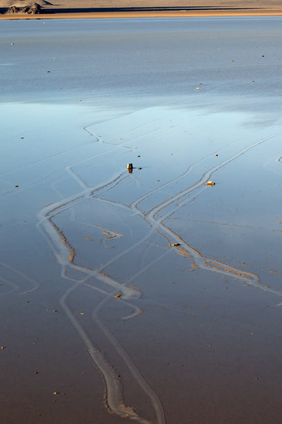 Researchers saw rocks sail across Racetrack Playa and set fresh trails, shown here.