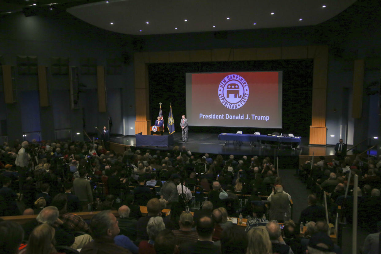 Former President Donald Trump speaks during the New Hampshire Republican State Committee 2023 annual meeting, Saturday, Jan. 28, 2023, in Salem, N.H. (AP Photo/Reba Saldanha)