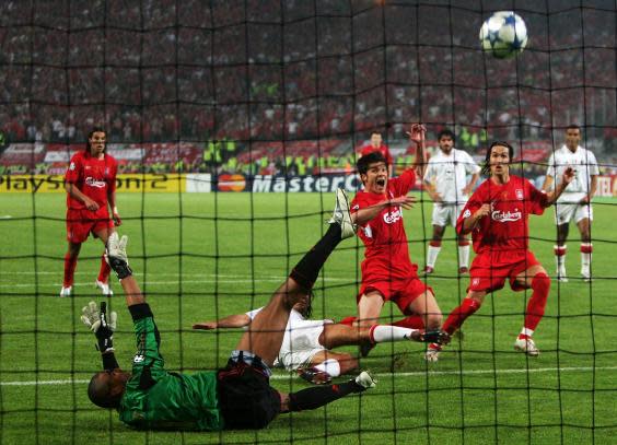 Xabi Alonso scores for Liverpool against Milan (Getty Images)