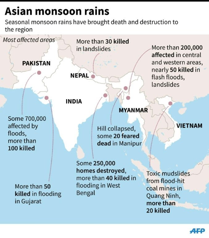 Map showing Asian countries affected by seasonal monsoon rains