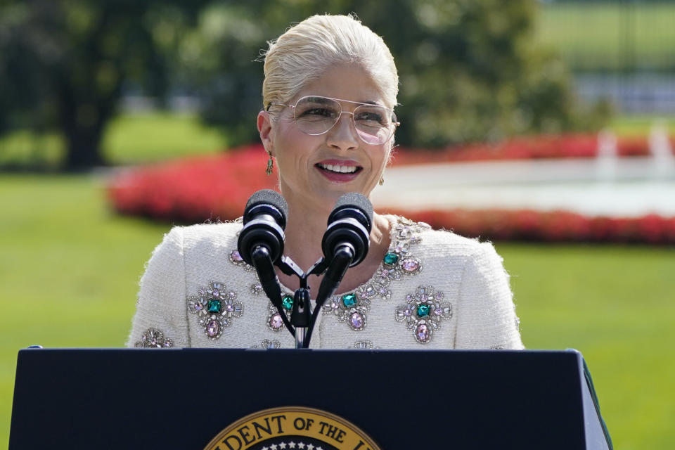 Actress Selma Blair speaks during an event to celebrate the Americans with Disabilities Act on the South Lawn of the White House, Monday, Oct. 2, 2023, in Washington. (AP Photo/Evan Vucci)