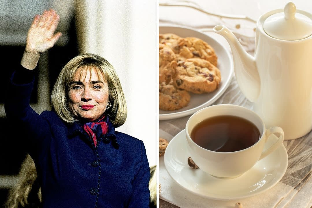 Composite: Hillary Clinton and tea and cookies