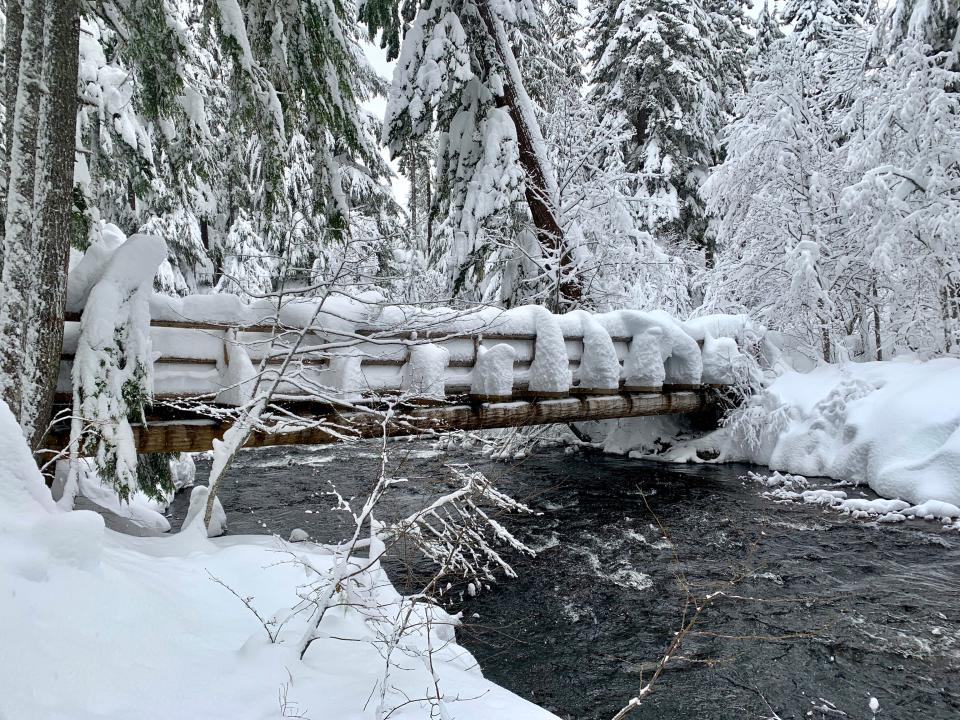 A snowy bridge crosses Salt Creek to begin the winter route to Diamond Creek Falls.