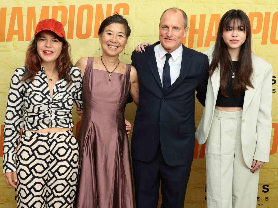 <p>Dimitrios Kambouris/Getty</p> Deni Harrleson, Laura Louie, Woody Harrelson,and Makani Harrelson attend the premiere of "Champions" on February 27, 2023 in New York City.