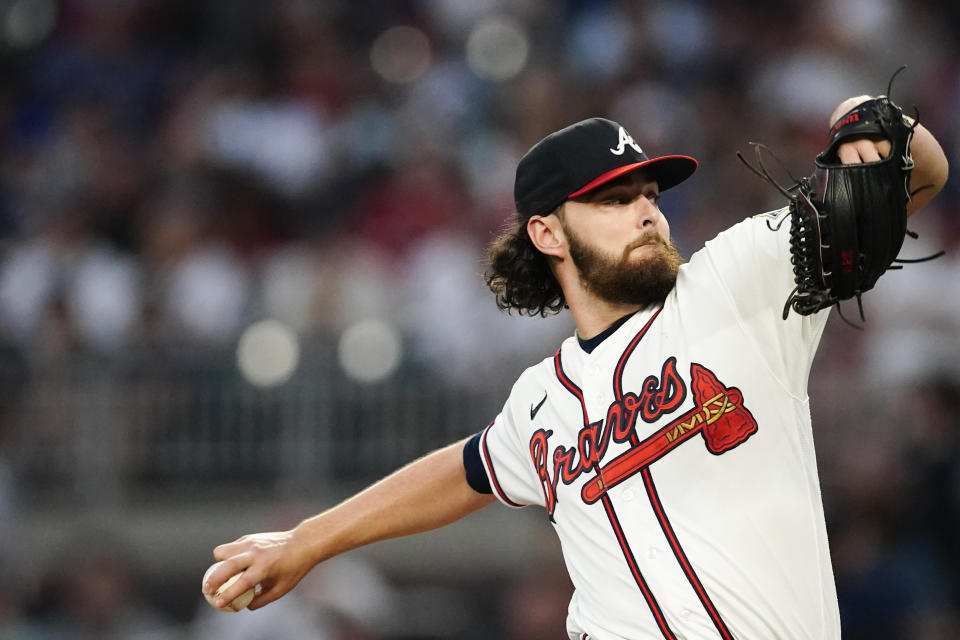 Atlanta Braves starting pitcher Ian Anderson (36) delivers in the first inning of a baseball game against the Philadelphia Phillies, Thursday, Sept. 30, 2021, in Atlanta. (AP Photo/John Bazemore)