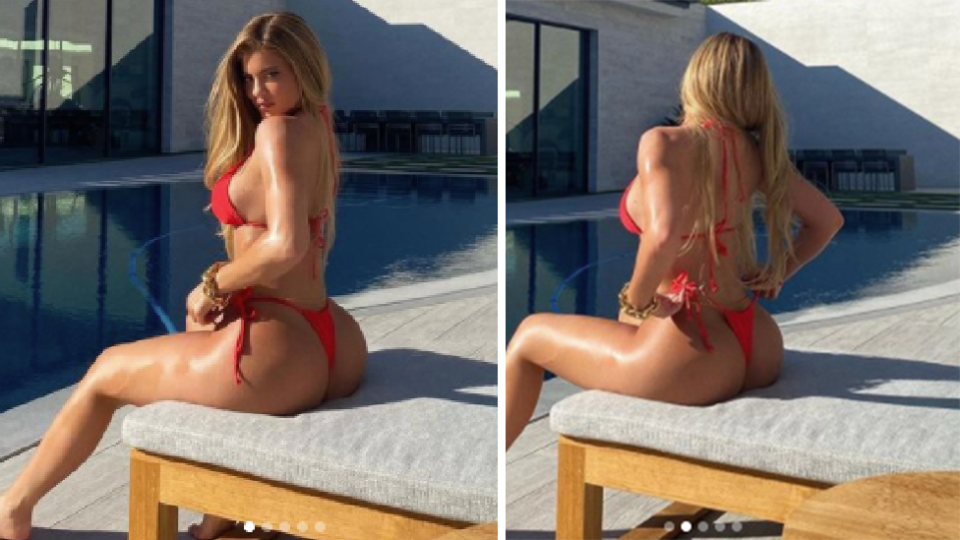 Kylie jenner red string bikini wearing body chain new trend summer 2020