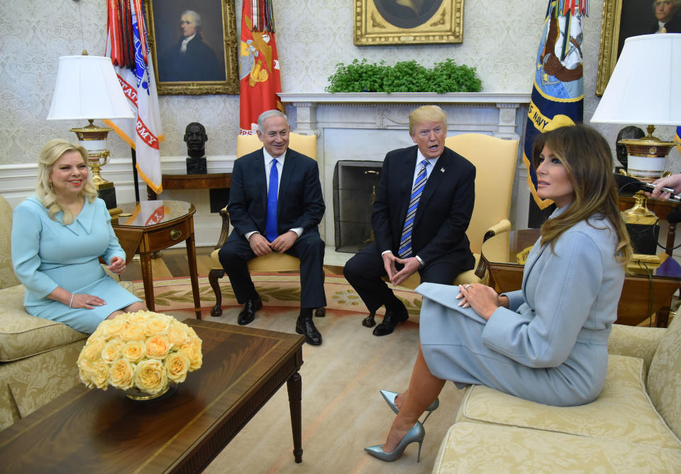 On 5 March, Israel’s prime minister Benjamin Netanyahu paid a visit to the White House and for the occasion, Melania donned a sky blue coat by Max Mara. [Photo: Getty]