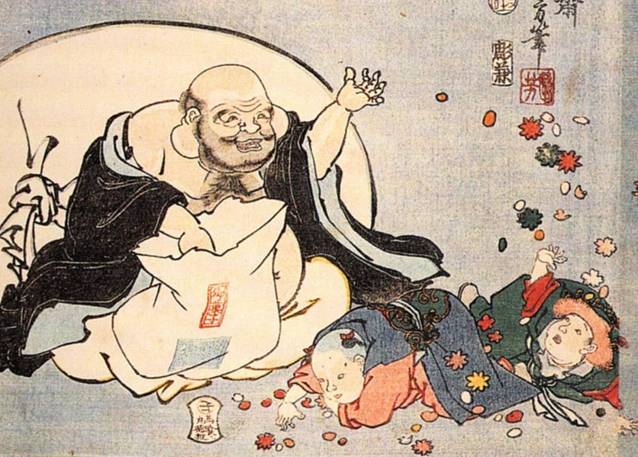 Hotei hands out gifts to children. <a href="https://commons.wikimedia.org/wiki/File:Kuniyoshi_Utagawa,_The_seven_goods_of_good_fortune.jpg" rel="nofollow noopener" target="_blank" data-ylk="slk:Detail of print by Kuniyoshi Utagawa, 1798-1861, via Wikimedia Commons;elm:context_link;itc:0;sec:content-canvas" class="link ">Detail of print by Kuniyoshi Utagawa, 1798-1861, via Wikimedia Commons</a>