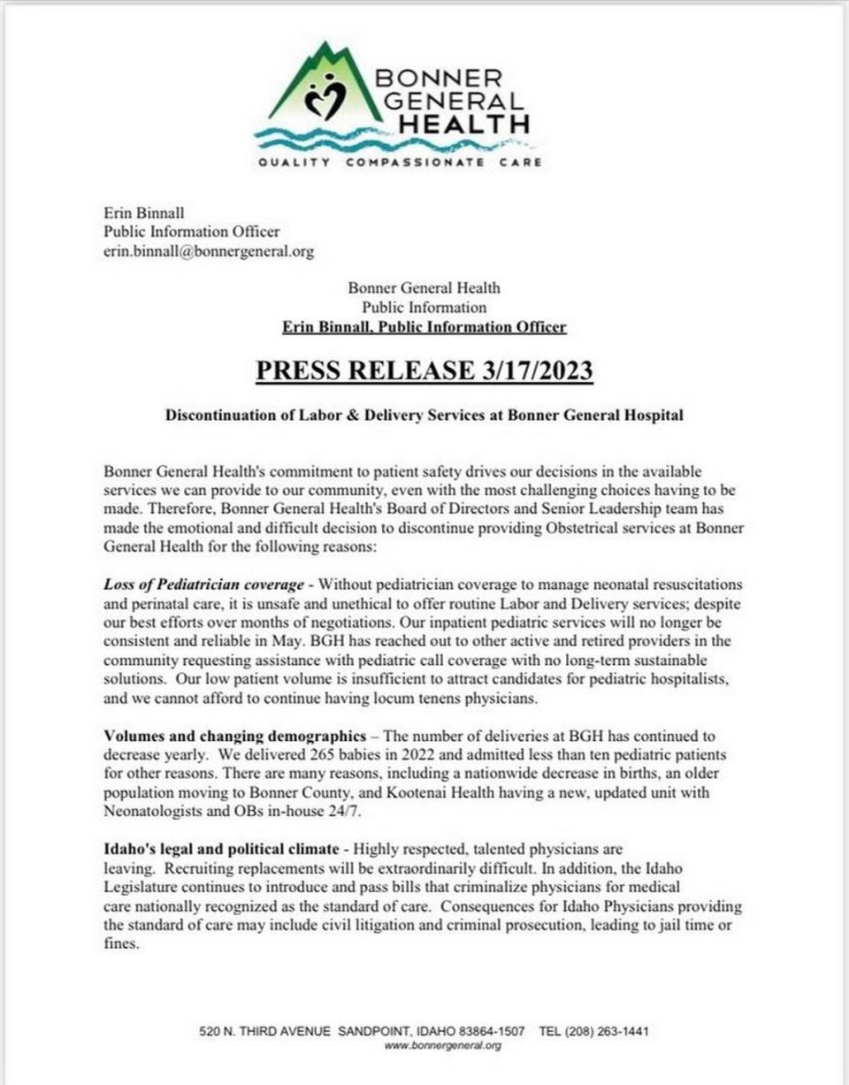 Bonner General Health’s March 17, 2023, news release announcing that the hospital in Sandpoint, in North Idaho, will discontinue labor and delivery services.