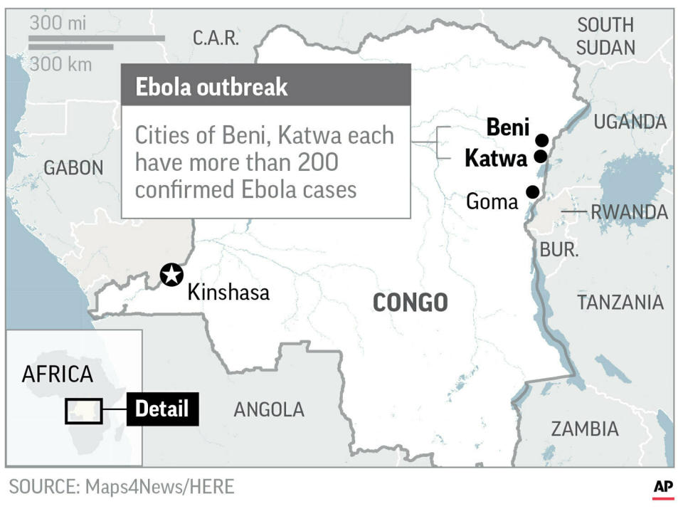 Map locates Katwa and Beni, Congo, where hundreds of Ebola cases have been confirmed;