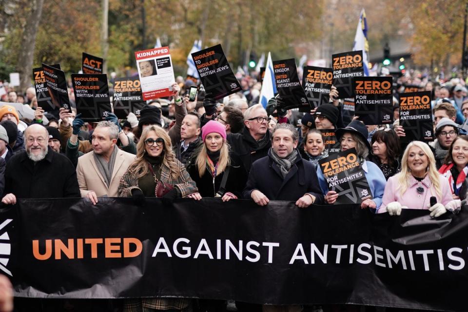 Chief Rabbi Mirvis, Eddie Marsan, Tracy-Ann Oberman, Rachel Riley, Maureen Lipman (second from right) and Vanessa Feltz (right) take part in a march against antisemitism organised by the volunteer-led charity Campaign Against Antisemitism at the Royal Courts of Justice in London (PA)