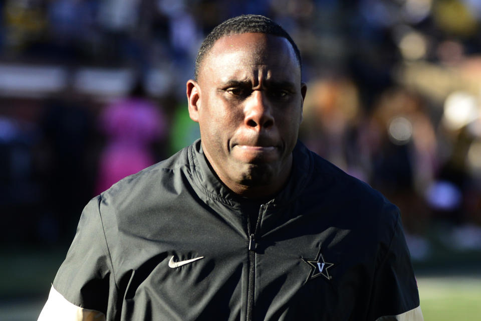 Vanderbilt Head Coach Derek Mason walks off the field after the first half of an NCAA college football game against UNLV, Saturday, Oct. 12, 2019, in Nashville, Tenn. (AP Photo/Mike Strasinger)