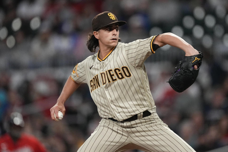 San Diego Padres relief pitcher Brent Honeywell (45) delivers in the sixth inning of a baseball game against the Atlanta Braves, Friday, April 7, 2023, in Atlanta. (AP Photo/John Bazemore)