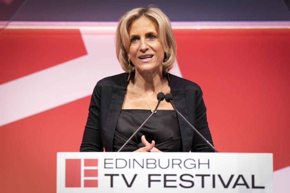 Journalist Emily Maitlis rehearsing ahead of delivering the 2022 MacTaggart Lecture in The Lennox at the EICC at the Edinburgh TV Festival. Picture date: Thursday August 24, 2022. (Photo by Jane Barlow/PA Images via Getty Images)
