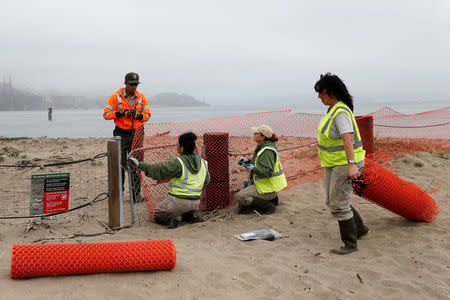 Workers install protective nettings at Crissy Field in anticipation of Saturday's Patriot Prayer rally and counter demonstration in San Francisco, California, U.S. August 25, 2017. REUTERS/Stephen Lam