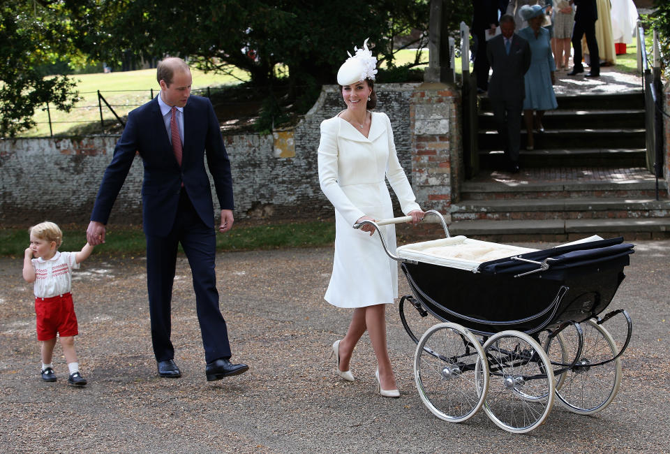 Duchess of Cambridge, Prince William, Duke of Cambridge, Princess Charlotte of Cambridge and Prince George of Cambridge leave the Church of St Mary Magdalene on the Sandringham Estate for the Christening of Princess Charlotte of Cambridge 