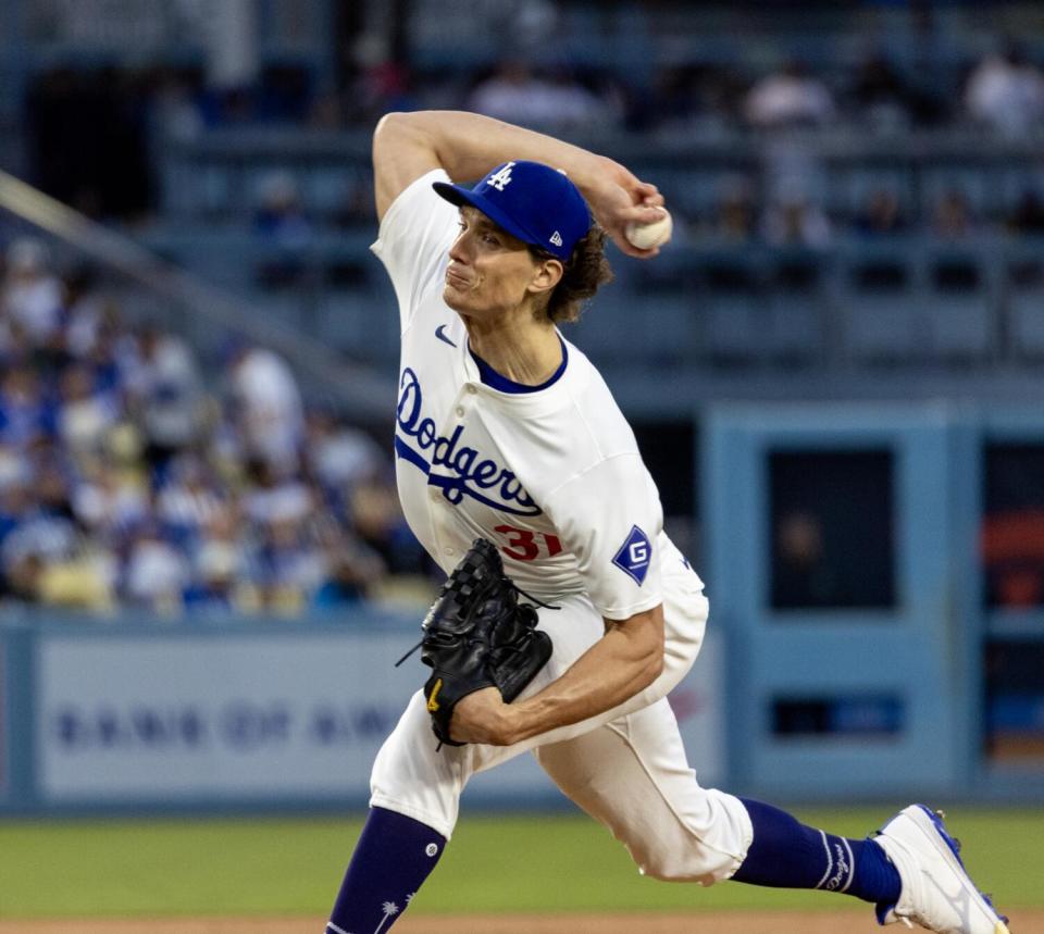 Dodgers pitcher Tyler Glasnow delivers the ball from the mound against the Cincinnati Reds