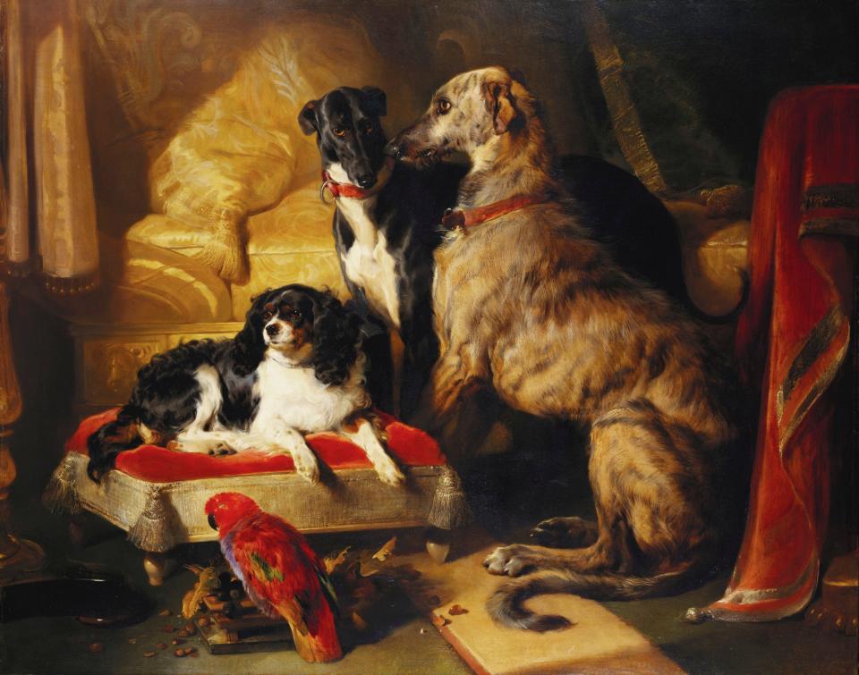 Royal pets: Edwin Landseer's Hector, Nero and Dash with the parrot Lory (1838) - Royal Collection Trust, His Majesty King Charles III 