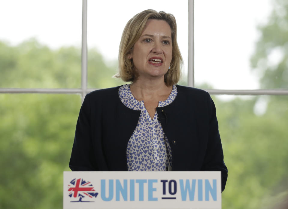 Britain's Secretary of State for Work and Pensions Amber Rudd speaks in support of Foreign Secretary Jeremy Hunt as he launches his leadership campaign for the Conservative Party in London, Monday June 10, 2019. British Prime Minister Theresa May stepped down Friday as Conservative Party leader after failing to secure Parliament's backing for her European Union withdrawal deal. (AP Photo/Matt Dunham)