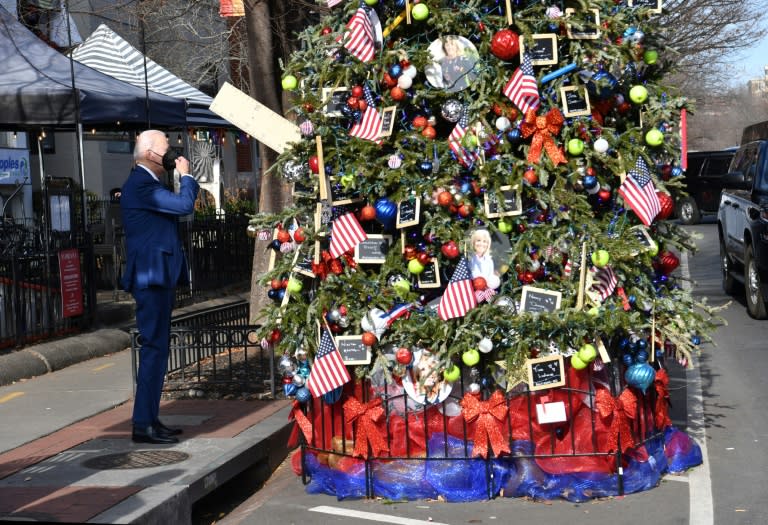 US President Joe Biden visits the Christmas Tree in honor of First Lady Jill Biden in Washington, DC, on December 24, 2021 (AFP/Nicholas Kamm)