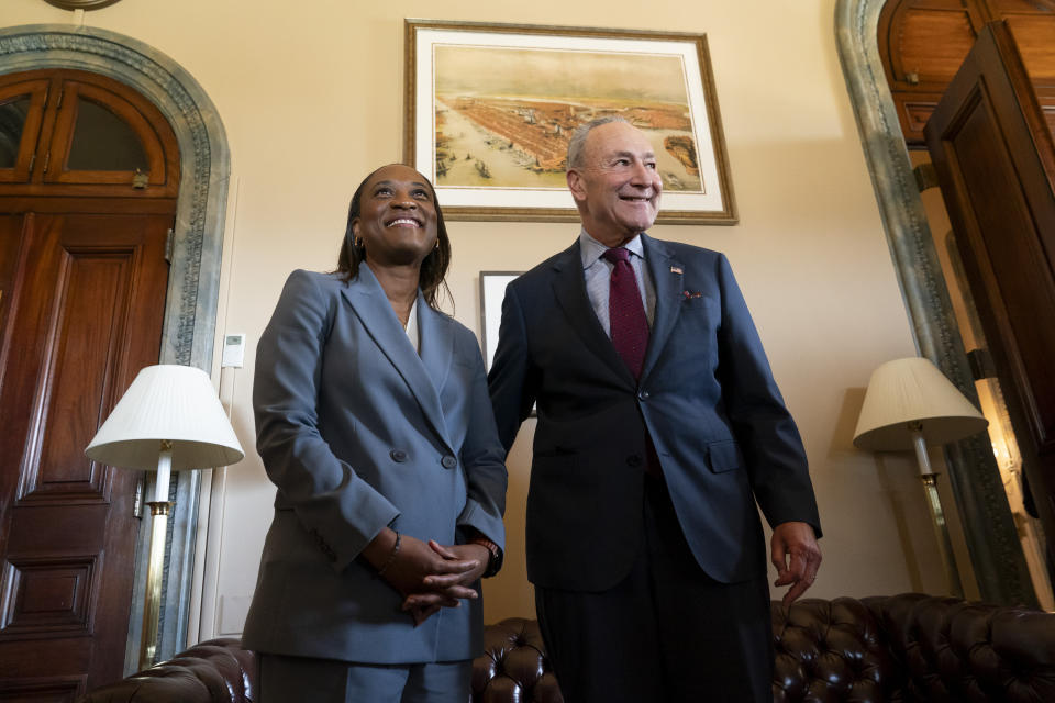 Senate Majority Leader Chuck Schumer, D-N.Y., meets with Laphonza Butler before she is sworn in to succeed the late Sen. Dianne Feinstein, D-Calif., Tuesday, Oct. 3, 2023, on Capitol Hill in Washington. (AP Photo/Stephanie Scarbrough)