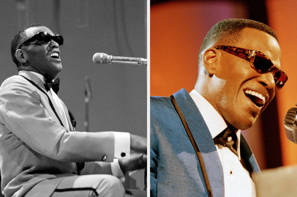 I still get chills thinking about Jamie Foxx's performance in Ray. Here, he's pictured on the right, with Ray Charles (left) at BBC Television Centre in 1968. Costume designer: Sharen Davis