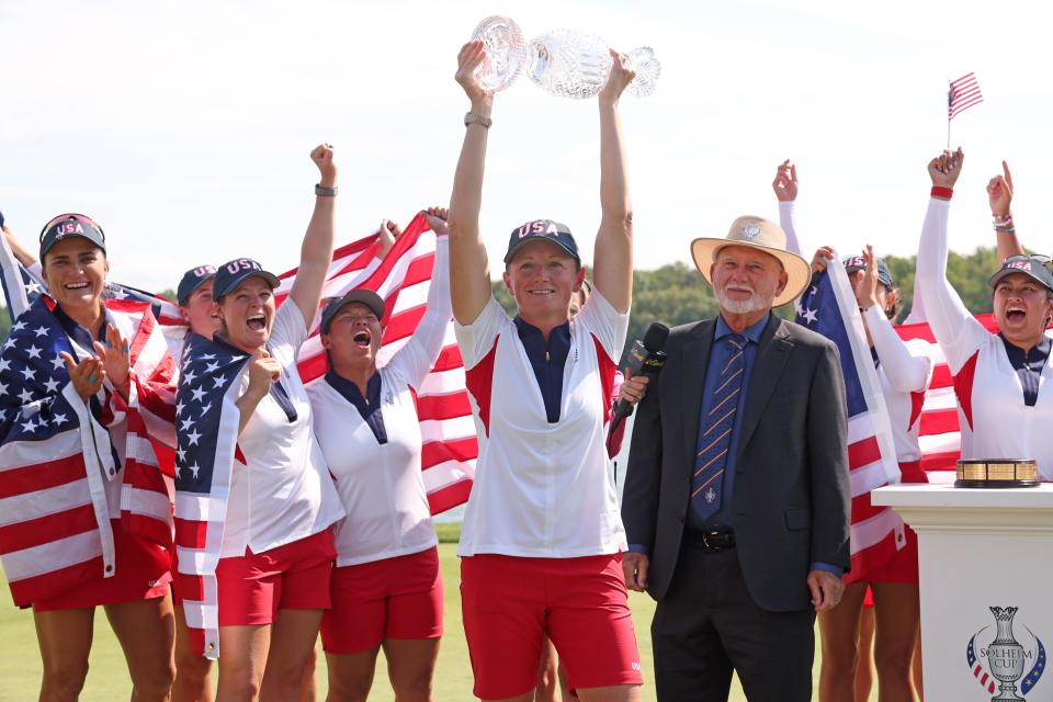 Team Captain for Team United States Stacy Lewis reacts with her team after winning the Solheim Cup during the Sunday Singles matches during the final round of the Solheim Cup 2024 at Robert Trent Jones Golf Club on September 15, 2024 in Gainesville, Virginia. (Photo by Gregory Shamus/Getty Images)